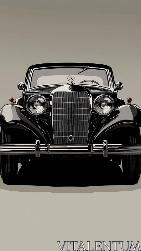 Front-elevation study of streamlined vintage luxury roadster.