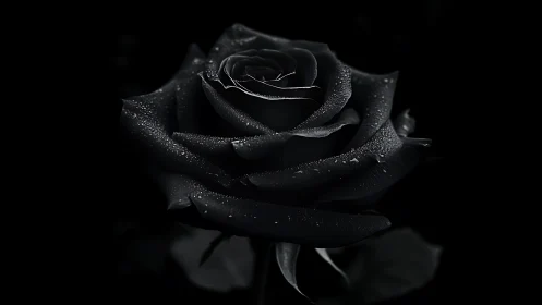 Black rose macro glistens with dewdrops on velvet petals.