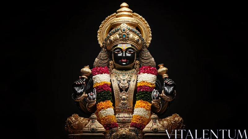 Gilded deity sculpture under dramatic low key studio lighting.