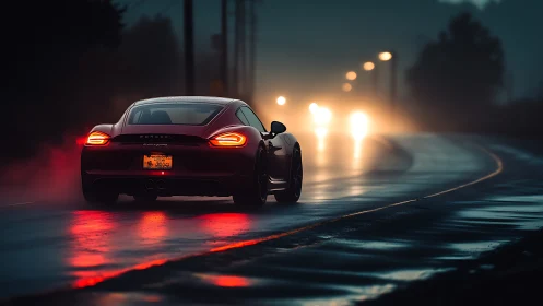 Sports car glides through rainy night on glowing roadway.