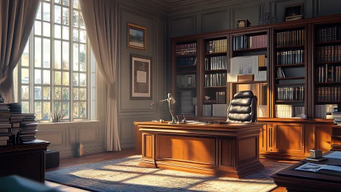 Sunlit scholar’s office wrapped in polished mahogany calm.