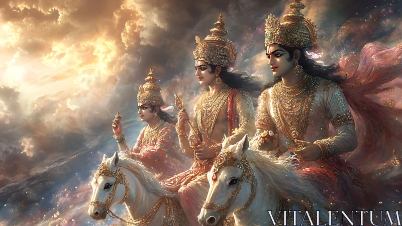 Divine warrior trio riding celestial white horses through clouds.