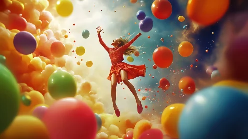 Joyful girl suspended in midair among vivid floating balloons