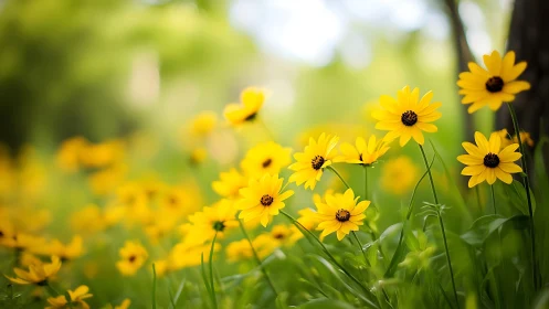 Yellow daisy flowers in shallow focus garden setting