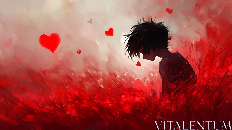 Silhouetted youth in crimson heart field, atmospheric study.