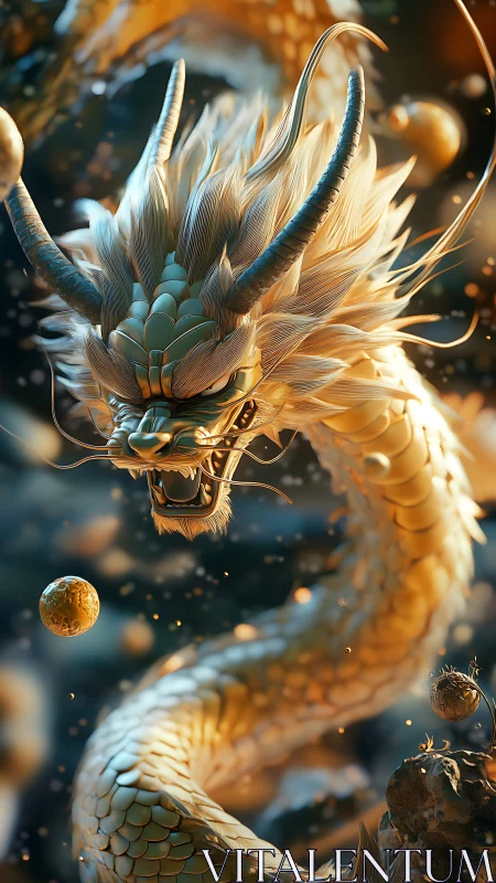 Golden oriental dragon coils through glowing celestial orbs