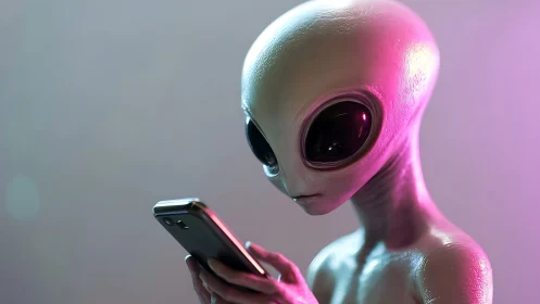 Specular-lit grey alien with smartphone under magenta rim light
