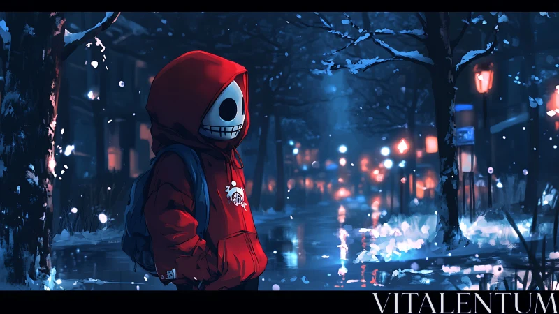 Hooded skull-headed kid wandering neon winter streets at night.