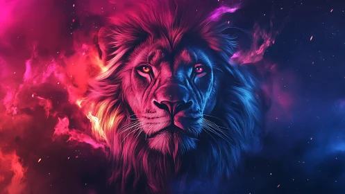 Cosmic lion portrait in vivid magenta and electric blue glow.