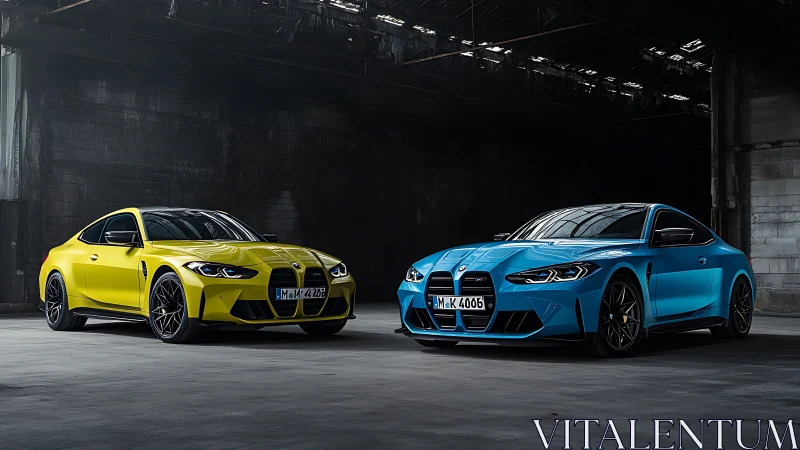 Bold sport coupes in vivid yellow and blue share quiet spotlight.