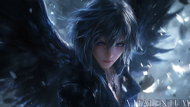 Storm-eyed dark angel poised between shadow and light.