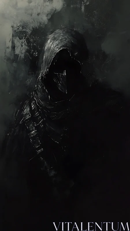 Hooded figure in dark armor emerges from a shadowed void