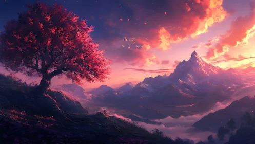 Solitary pink tree overlooks distant snow-covered mountain range