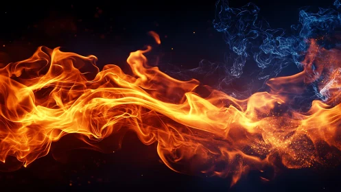 Orange Fire Stream and Blue Smoke Against Black.