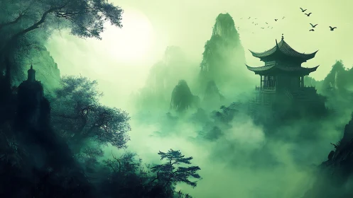 Misty mountain temple landscape with distant pagoda view.