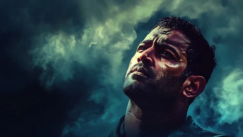 Brooding male portrait amid stormy teal clouds digital art.