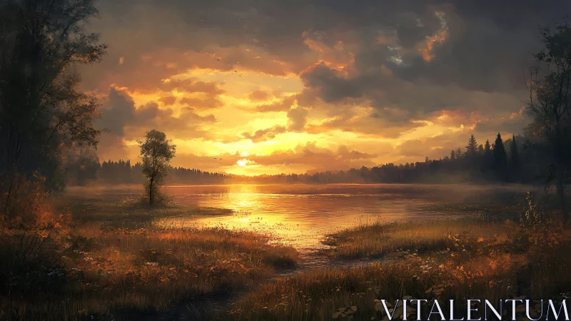 Golden lake sunset gently warms a quiet autumn shoreline