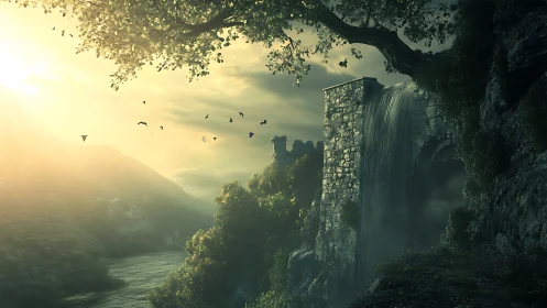 Sun-drenched ruin pours waterfalls into a misty valley.