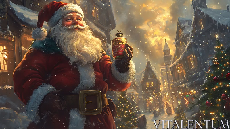 Santa in snow-lit village holds ornament under warm sky glow