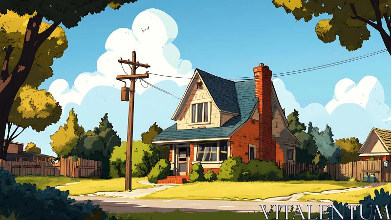 Sunny suburban cottage stands under clear blue afternoon sky