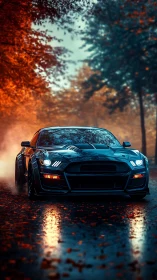 Midnight muscle car powers through a misty autumn avenue