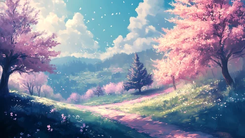 Digital landscape depicts path through pink-blossomed trees
