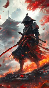 Digital painting of lone samurai amid embers and pagoda backdrop.