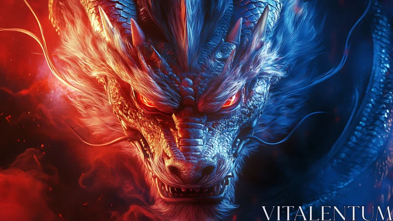 Fiery blue dragon lunges from swirling red and cobalt smoke