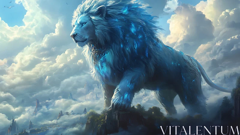 Skyborn crystal lion strides above misty fantasy kingdoms