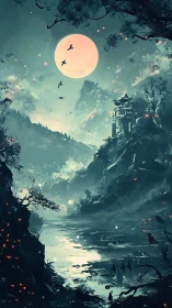 Moon-drowned mountain temple watching over emberlit river night.