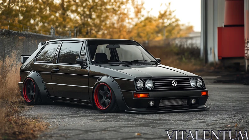 Stanced black hatchback with widebody kit on autumn street.