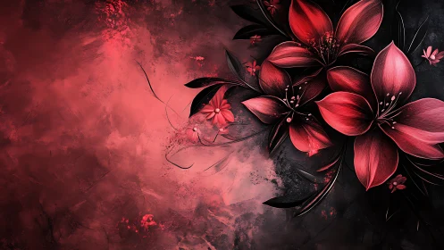Red Flowers Against Textured Black Background.