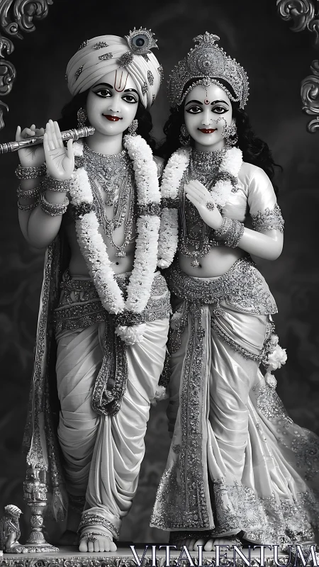 Monochrome divine duo draped in intricate ceremonial grace.