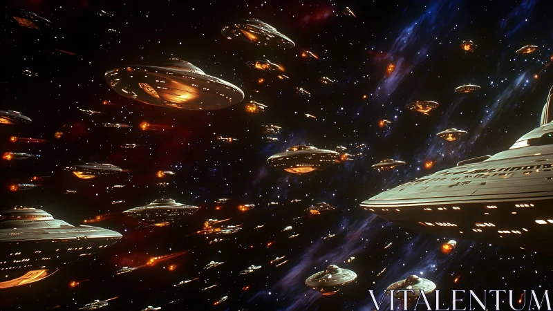 Dense formation of disc-shaped spacecraft in deep space.