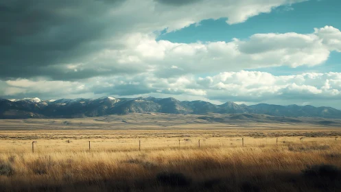 Photorealistic prairie panorama with distant mountain ridge.