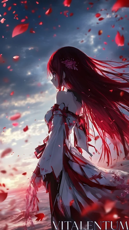 Side profile of red haired figure amid drifting petals