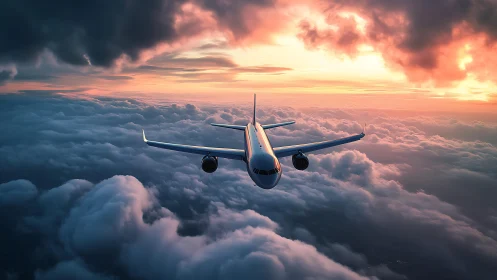 Airliner glides through glowing sunset clouds in flight.
