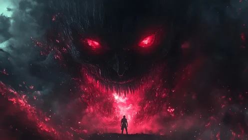 Lone figure before colossal red-eyed demonic face.