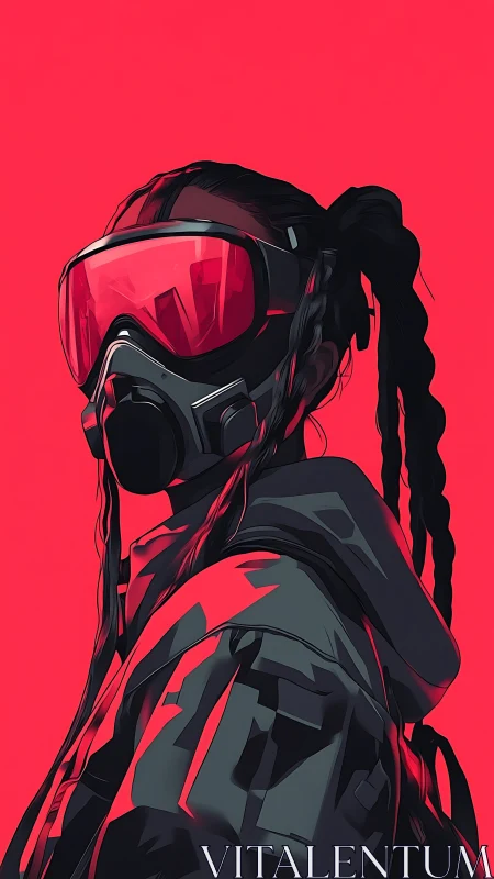 Bold masked figure stands strong in vivid neon red light