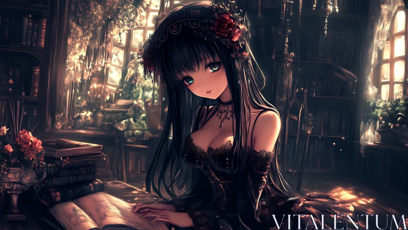 Gothic sorceress reading in a sunlit, dustlit library.