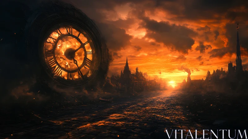 Incandescent ruin-clock dominating a post-apocalyptic avenue.