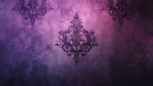 Ornate Damask Pattern on Grunge Purple Background, Vintage Style.