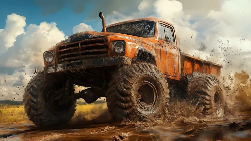 Orange lifted truck driving through muddy off road terrain.