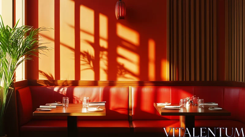 Sunlit red restaurant booths with glassware and shadows.