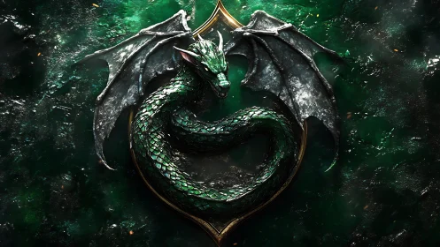 Emerald dragon emblem curling in glowing enchanted green.