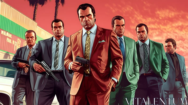 Digital painting of suited gunmen in cinematic formation.