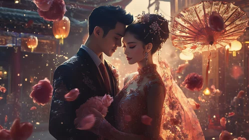 Elegant couple in traditional wedding attire under lantern glow