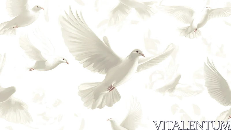 Elegant white doves in flight, digital art with soft realism.
