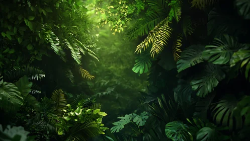 Dense tropical canopy with layered palm fronds and filtered sunlight.