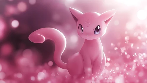 Pink catlike creature sits in glowing bokeh field